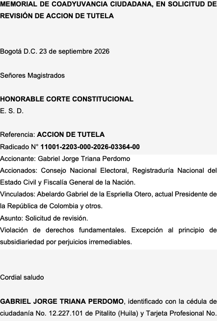 Cabecera oficial del Memorial de Tutela